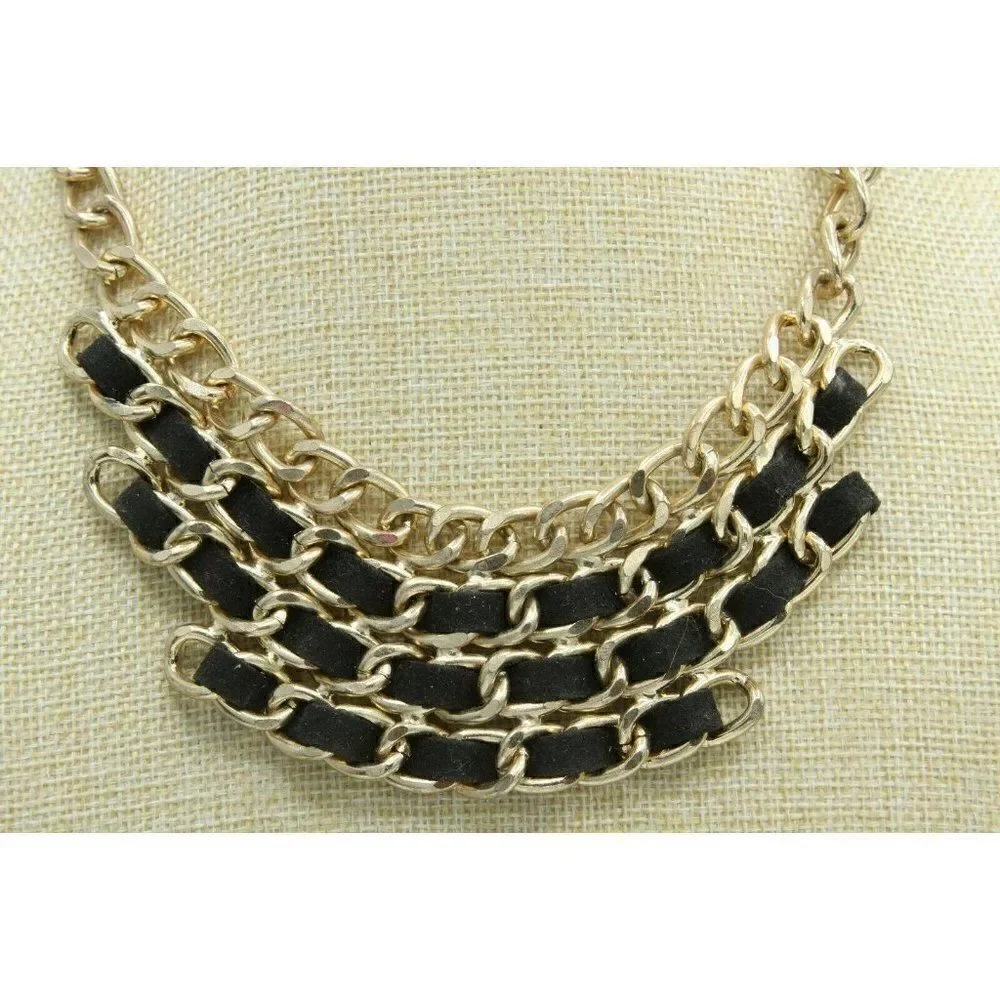 Leather & Gold Tone Necklace Choker Collar 16